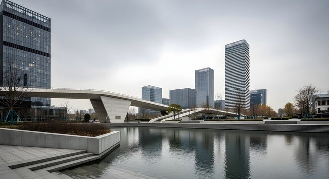 Modern Cityscape with Sleek Architecture and Reflective Water Feature on Overcast Day
