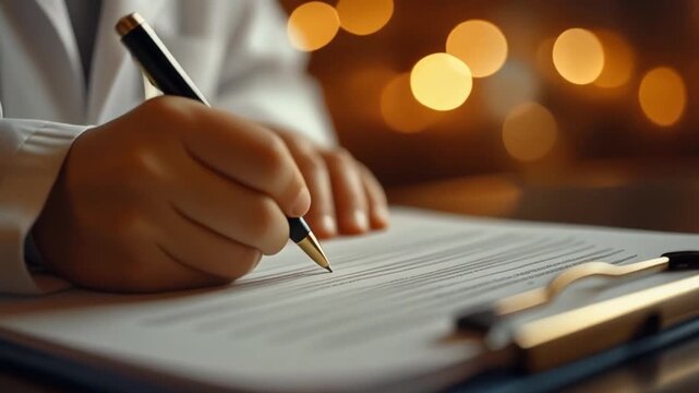 Close-up of Hand Signing Document with Pen in Office.