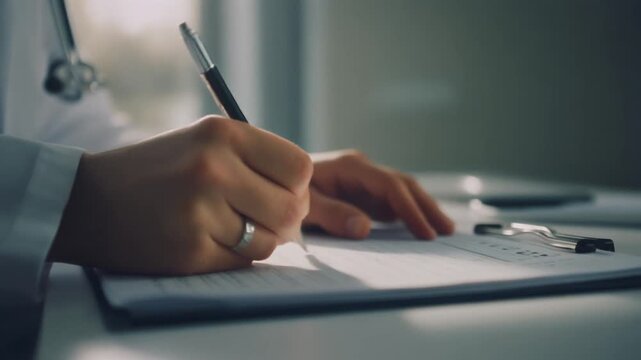 Doctor Writing Medical Report in Clinic Close-up.