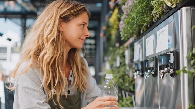woman refilling bottle at water station, clean modern design, eco lifestyle