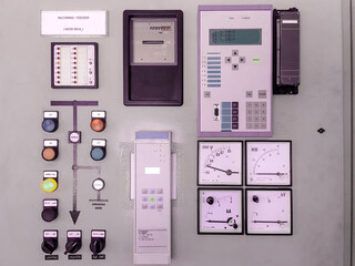Power electric power meter and measurement guage on the panel distribution cabinet, Electrical switch gear at low voltage power control room in the factory