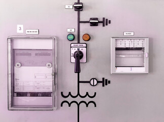Power electric power meter and measurement guage on the panel distribution cabinet, Electrical switch gear at low voltage power control room in the factory