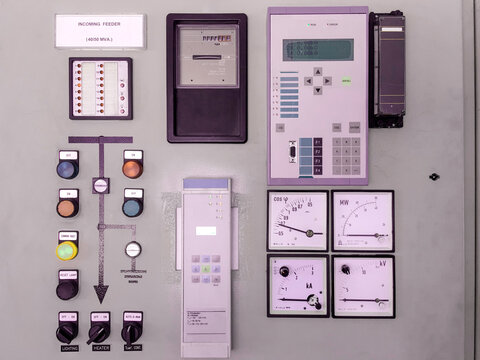 Power electric power meter and measurement guage on the panel distribution cabinet, Electrical switch gear at low voltage power control room in the factory