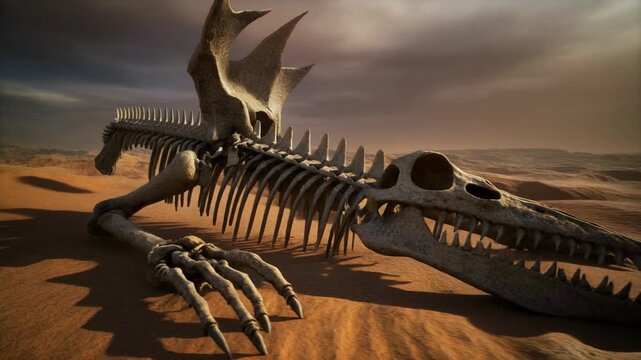 Ancient colossal skeleton of a mythical creature lying across a desert valley
