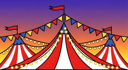 Colorful Carnival Tents with Flags and Lights at Sunset
