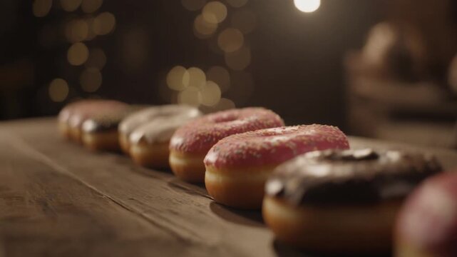 Cinematic slider shot across a row of donuts on a rustic table