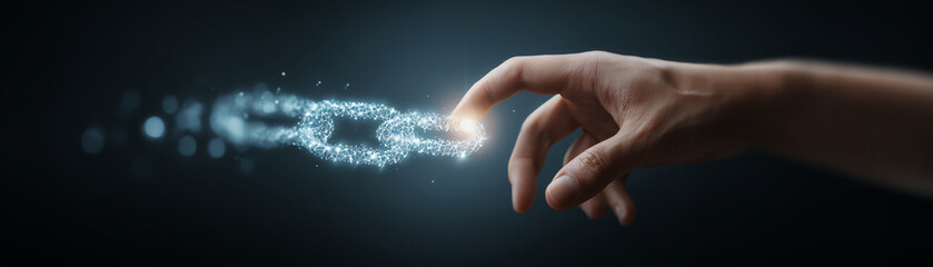 Focused hand touching digital blockchain, futuristic technology concept integrating glowing chain link for secure network connection