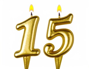 Gold Number Fifteen Candles with Flames