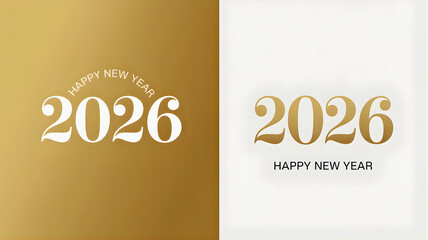 Elegant gold and white typography design for the 2026 New Year celebration, featuring a modern serif font for greetings and banners