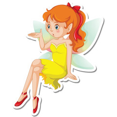 Whimsical Red Haired Fairy Girl With Translucent Wings Dressed In A Yellow Gown And Red Ballet Shoes Floating Gracefully With A Kissing Gesture Against A White Background