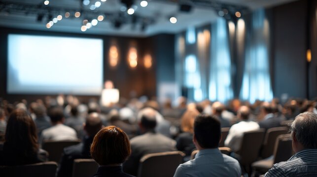 Formal business seminar. Speakers addressing an audience of professionals in a conference hall with a large projector screen and stage setup, Rear view with blurred background. High quality