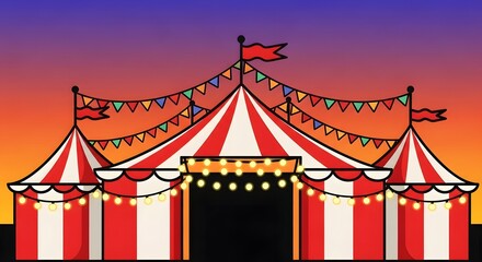 Colorful Circus Tent with Lights and Banners at Sunset