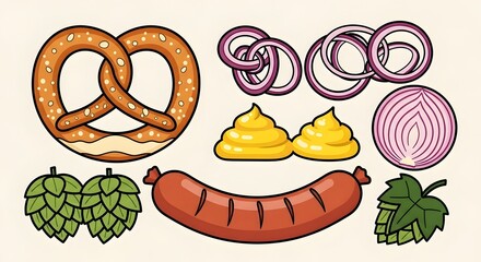 Colorful Cartoon Pretzel Onion Sausage and Condiments Illustration