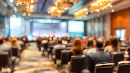 Corporate Seminar Blur: A blurred background of a corporate seminar or training session in a conference hall, with attendees. High quality