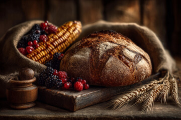 Artisan bread, fresh berries, and corn on rustic wooden table. Thanksgiving harvest, traditional holiday food, cozy autumn still life, homemade baking, farm-to-table style