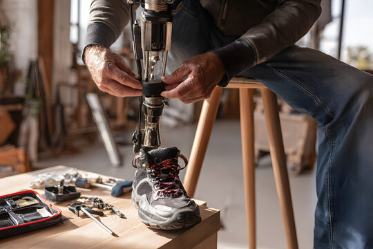 Man working on an artificial limb in a bright workshop setting during the day