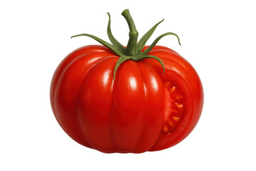 Ripe red tomato with green stem and sectioned slice on transparent background for food design projects