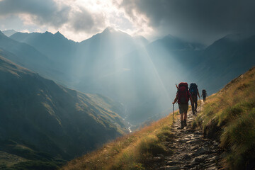 Obraz premium Hikers trek along a mountainous trail at sunset with backpacks and canes in a stunning landscape