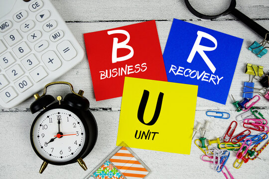 BRU Abbreviation of Business Recovery Unit text phrase of business and financial concept