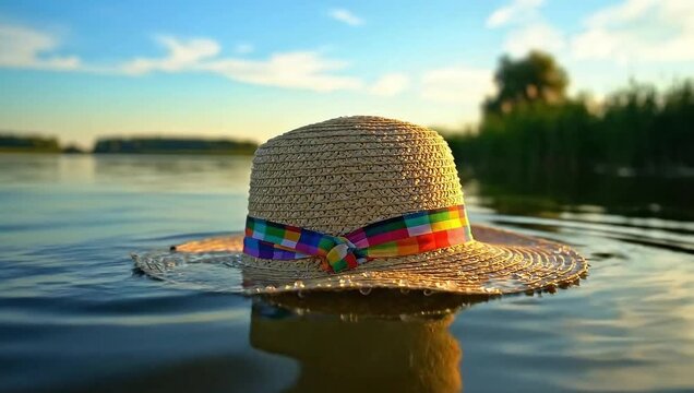 national hat day straw floating on calm lake water at sunset