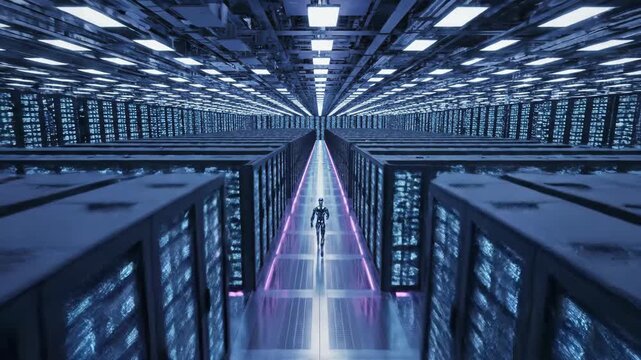 Metallic Robot Walking Through a Neon Lit Data Center Hallway
