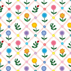 Playful Colorful Floral Grid Pattern with Hand-Drawn Style
