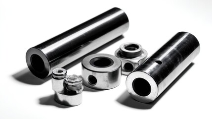 Fototapeta premium Two cylindrical metal components with various connectors and bolts, placed on a white background with soft shadows.