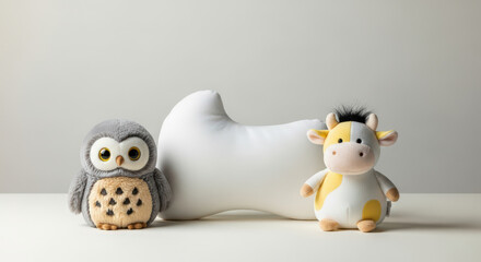Obraz premium Adorable Plush Companions A Charming Still Life Featuring a Soft Owl and a Playful Cow Toy Against a Neutral Backdrop Perfect for Children's Decor and Playroom Themes