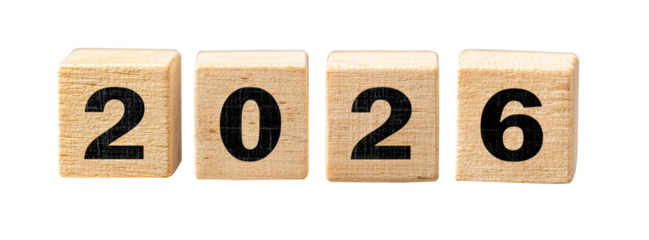 Wooden Block Showing “2026” on White Background, New Year Concept isolated on white background