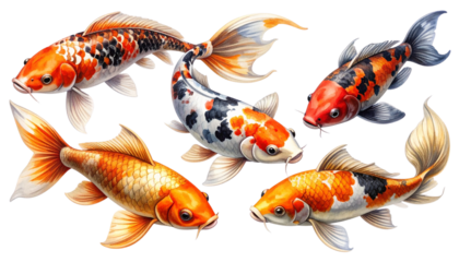 1:  Set of Colorful Koi Fish Collection, isolated on transparent background