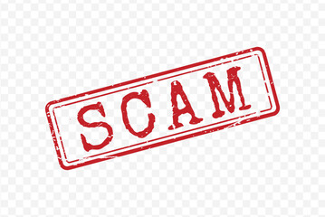 Red rubber distressed rectangular grunge stamp with the large word SCAM