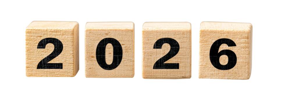 Wooden Block Showing “2026” on White Background, New Year Concept isolated on white background