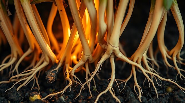 Close up of plant roots visible in dark soil ground