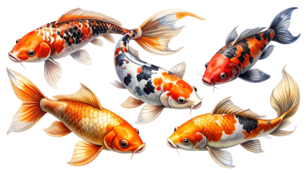 1: Set of Colorful Koi Fish Collection, isolated on transparent background
