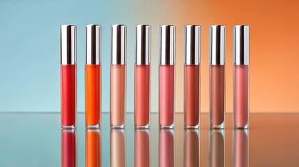 Obraz premium A row of lip glosses with different shades and finishes, arranged in a row on a colorful background.