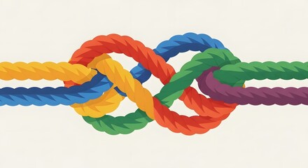 Colorful Intertwined Knotted Ropes in Bright Colors on White Background
