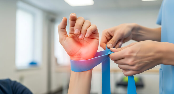 Physical therapist assisting patient with wrist rehabilitation using a resistance band for pain and injury recovery