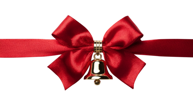 luxury red christmas bow with hanging bell isolated on transparent background, 