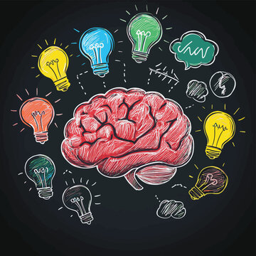 Chalk-drawn brain with lightbulb symbols and thought bubbles around it, perfect for educational workshops on creativity and innovation. , vector style simple color