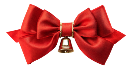 luxury red christmas bow with hanging bell isolated on transparent background, 
