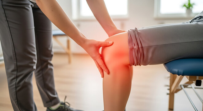 Knee pain examination. Healthcare professional touching inflamed knee with red glow, injury concept.