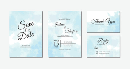 Set of light blue watercolor wash wedding invitation cards with save the date, thank you, and rsvp reply templates