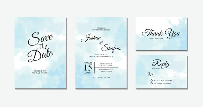 Set of light blue watercolor wash wedding invitation cards with save the date, thank you, and rsvp reply templates
