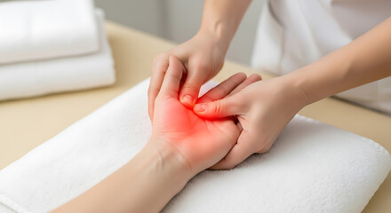 Professional hand massage for pain relief, highlighting discomfort area on palm. Physiotherapy and rehabilitation concept.