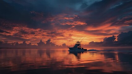 A sport fishing boat cruises on calm water at sunrise under a dramatic sky filled with orange red and dark clouds reflecting on the surface - Powered by Adobe