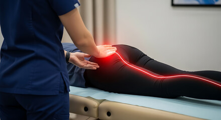 Therapist treating patient's hip and leg pain, highlighted nerve path indicating sciatica