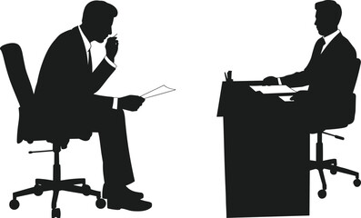 Business meeting silhouette vector with seated professionals, office interview or consultation scene, black isolated corporate artwork, workplace discussion illustration pack