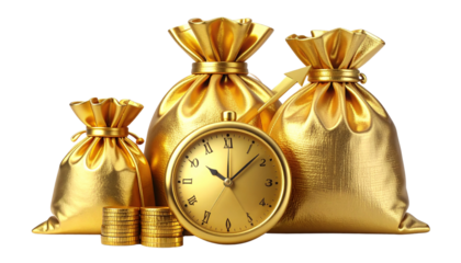  1:  Golden Money Bag with Clock and Upward Graph Symbolizing Financial Growth, isolated on transparent background