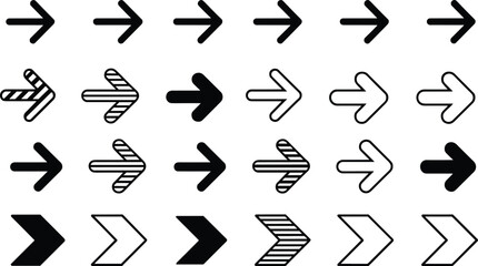 cartoon directional symbol collection, black and white pointer clipart, graphic navigation artwork, stylized movement icons, interface elements