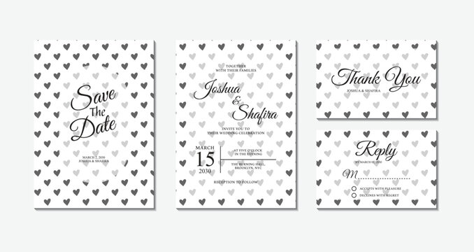 Set of minimalist black heart pattern wedding invitation cards including save the date, thank you, and rsvp templates - Powered by Adobe